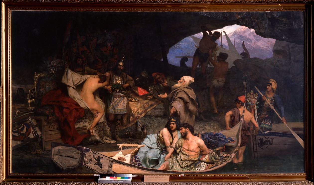 Korsarene. (Scene der de bringer tilbake tyvegodset og fangene (gisler) i en hule). Maleri av Henryk Siemiradzki (1843-1902), olje på lerret av Henryk Siemiradzki