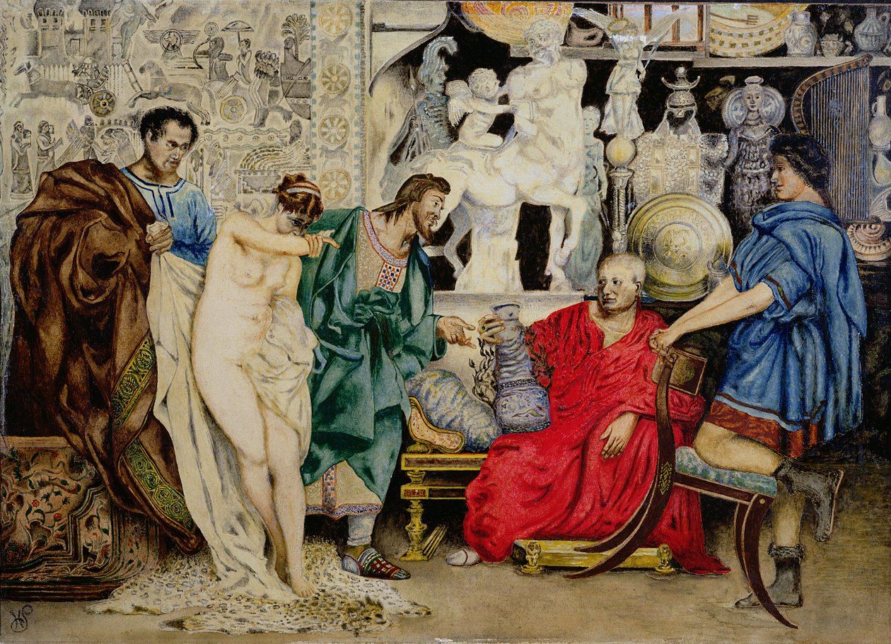 "Valget mellom en kvinnelig slave eller en vase", illustrasjon fra "La Femme Esclave;, utgitt i Wien, 1878 av Henryk Siemiradzki