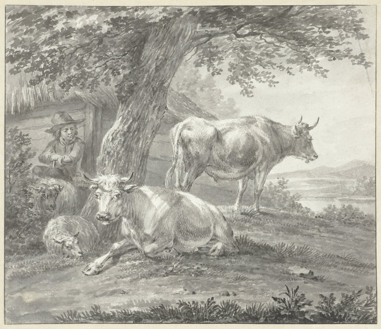 To kyr og to sauer under et tre nær en låve av Hendrik Stokvisch