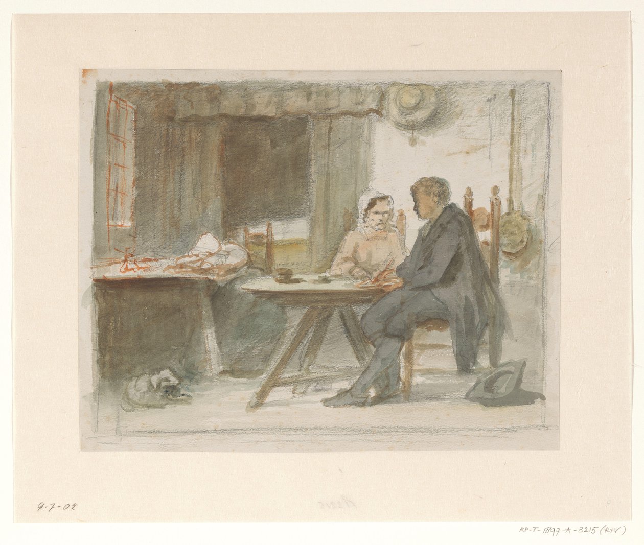 Skrivende mann og kvinne ved et bord av Hendrik Valkenburg