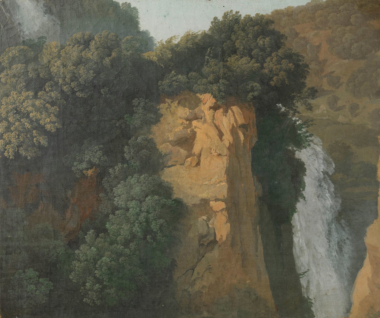 Gjengrodde klipper med en foss i Italia, kanskje ved Tivoli av Hendrik Voogd (attributed to)