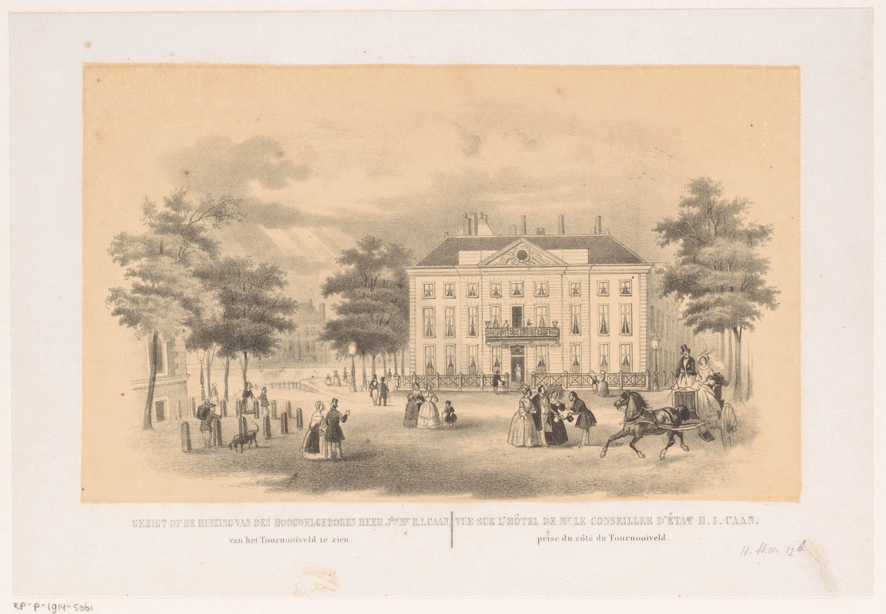 Utsikt fra Tournooiveld av Herenlogement van Dordrecht i Haag rundt 1850 Utsikt over huset til den meget velfødte mr. jhr. mr. H. I. Caan, kan sees fra Tournooiveld (tittel på objekt) av Hendrik Wilhelmus Last (attributed to)