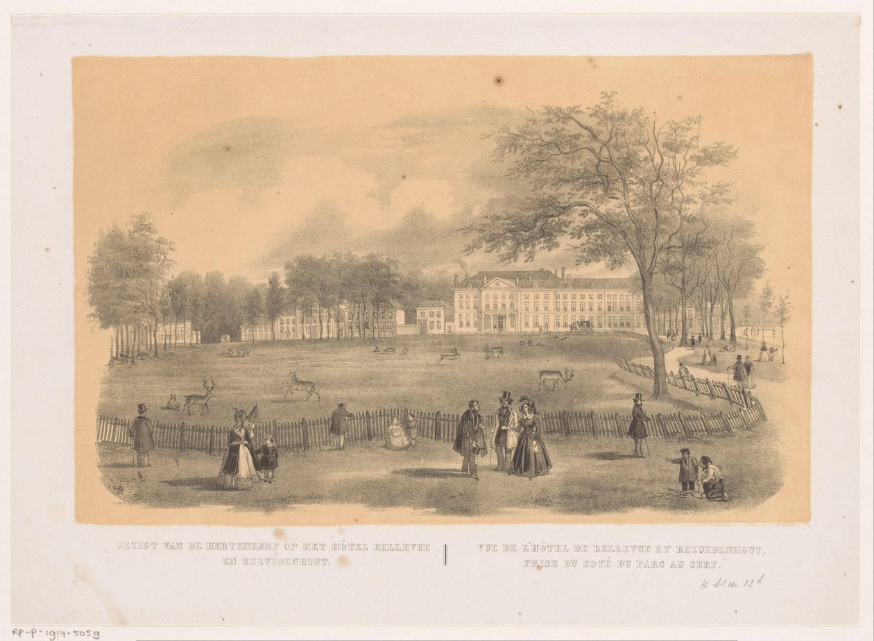 Utsikt over hjorteparken i Haag Utsikt over hjorteparken ved hotellet Bellevue en Bezuidenhout (tittel på objekt) av Hendrik Wilhelmus Last