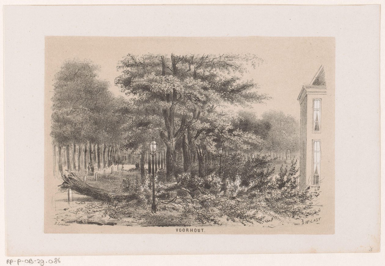Tre blåst ned nær Voorhout, etter stormen 28. mai 1860 Voorhout (tittel på objekt) Album med ti litografiske skisser, som viser Tooneelen of the Destruction, agitert av stormen 28. mai 1860 i 