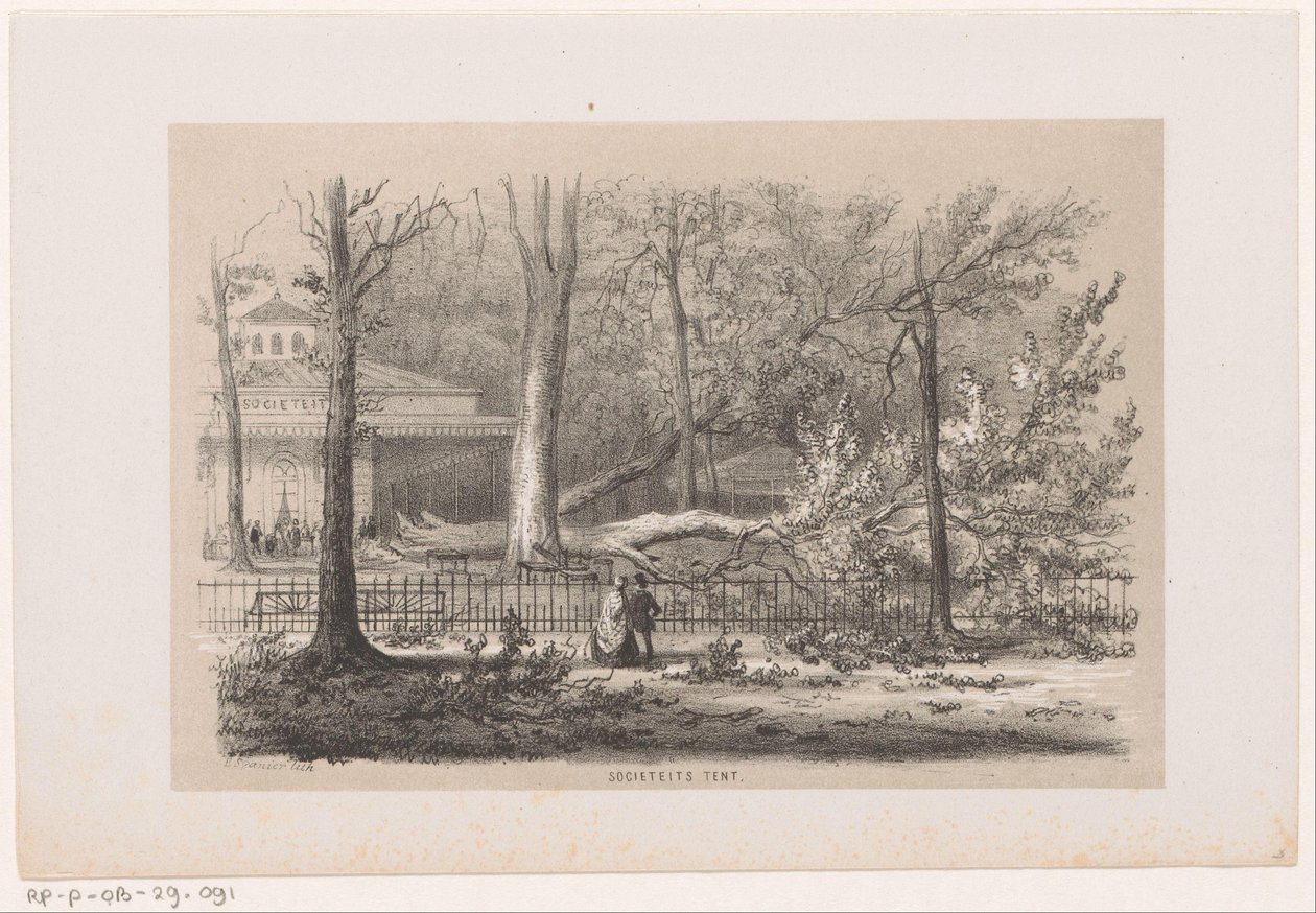 Tre blåst ned ved klubben, etter stormen 28. mai 1860 Sosialtelt (tittel på objekt) Album med ti litografiske skisser, som viser Tooneelen of the Destruction, agitert av stormen 28. mai 1860 i 