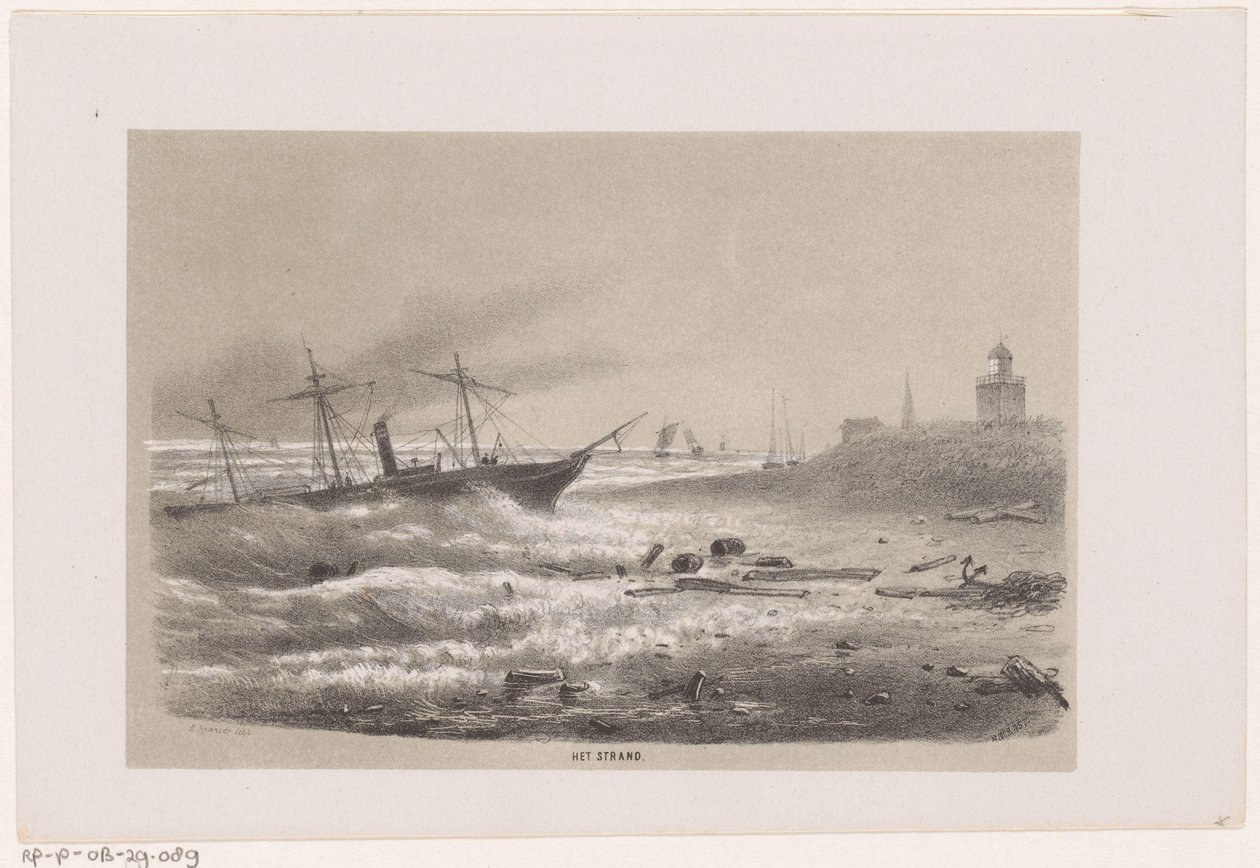 Skip i trøbbel på stranden under stormen 28. mai 1860 The Beach (tittel på objekt) Album med ti litografiske skisser, som viser Tooneelen of the Destruction, agitert av stormen 28. mai 1860 i 