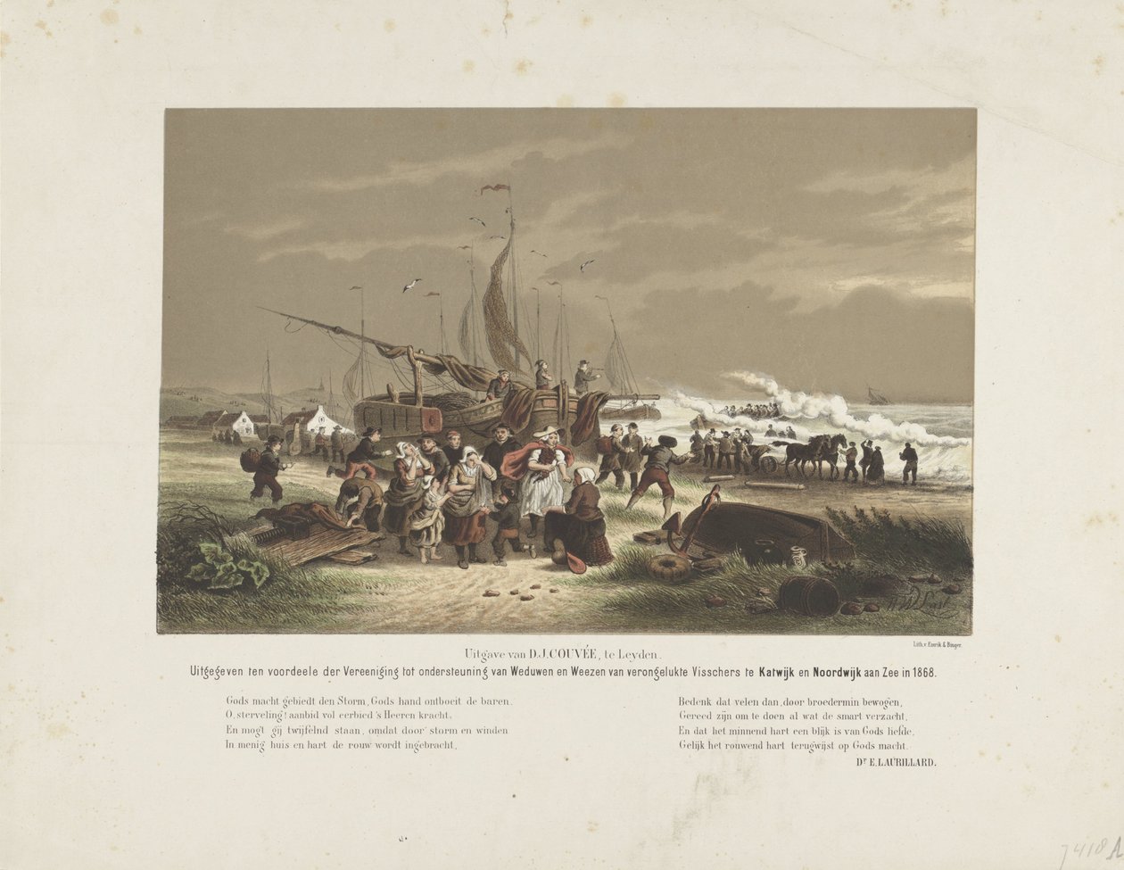 Strandscene med sørgende fiskerkoner, 1868 av Hendrik Wilhelmus Last