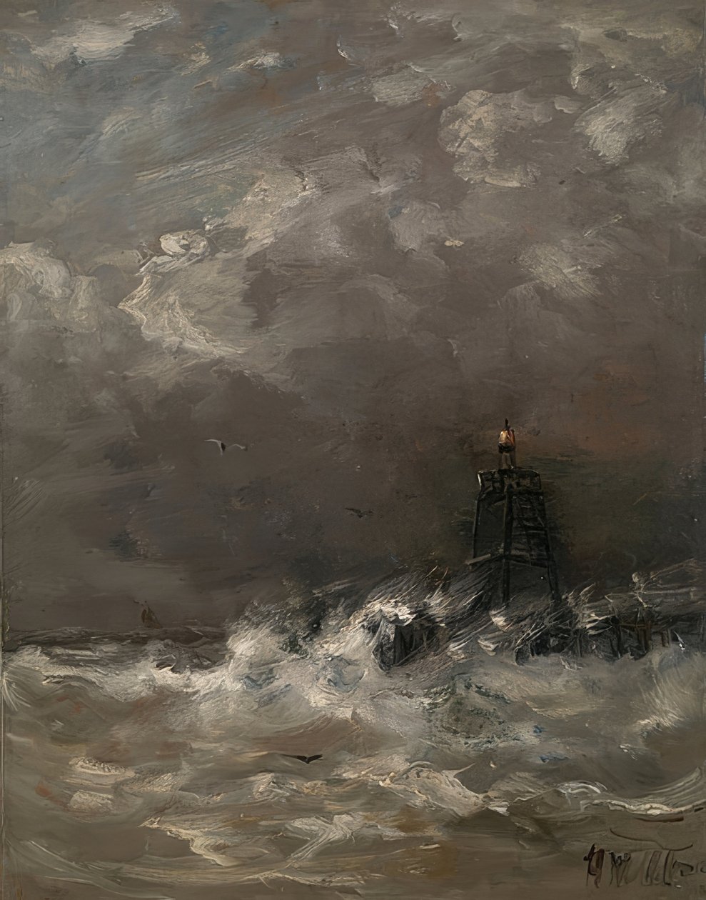 Fyr i brytende bølger. Rundt 1900-07 av Hendrik Willem Mesdag