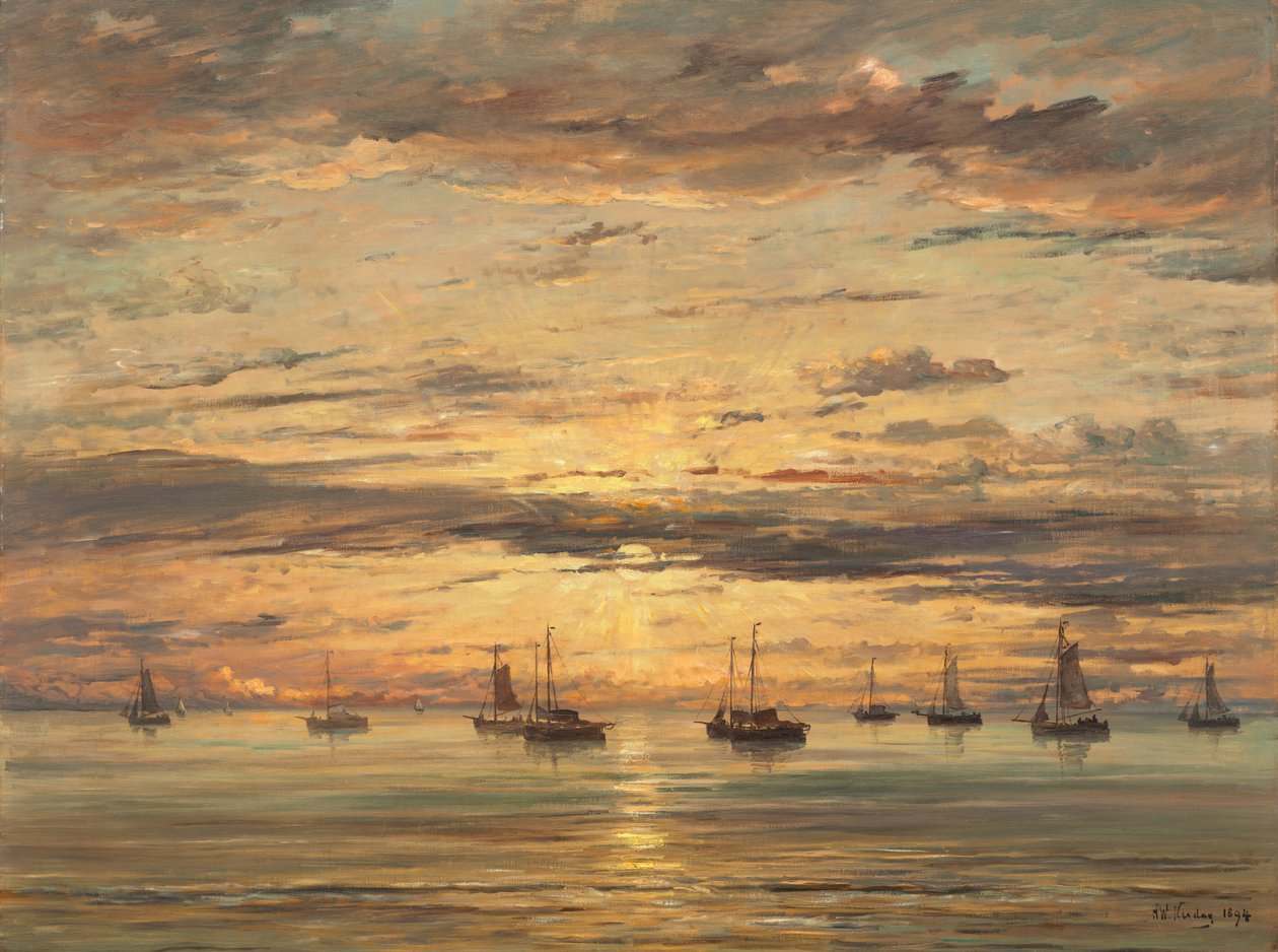 Solnedgang ved Scheveningen: En flåte av fiskefartøy for anker av Hendrik Willem Mesdag