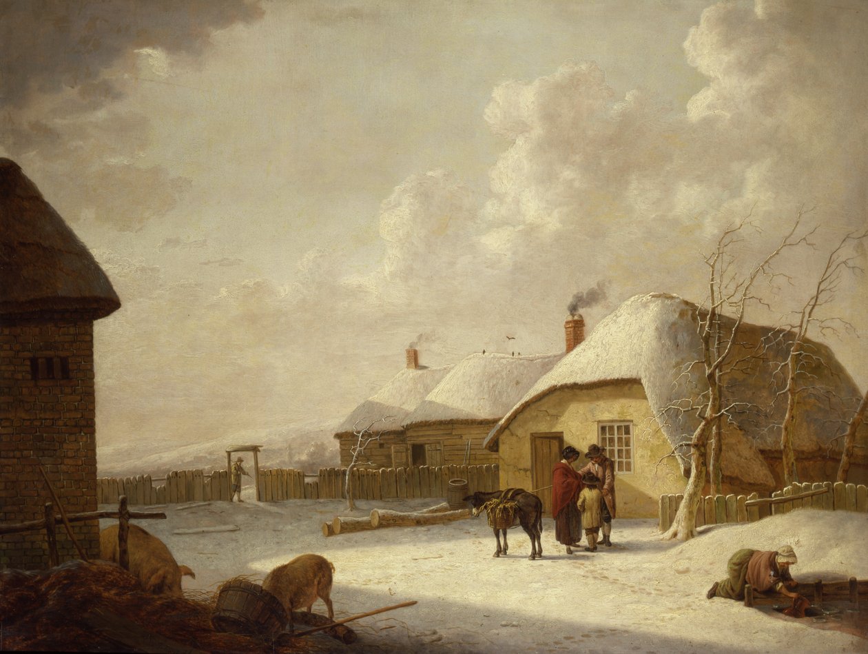 Figurer utenfor en hytte i snøen av Hendrik Willem Schweickardt