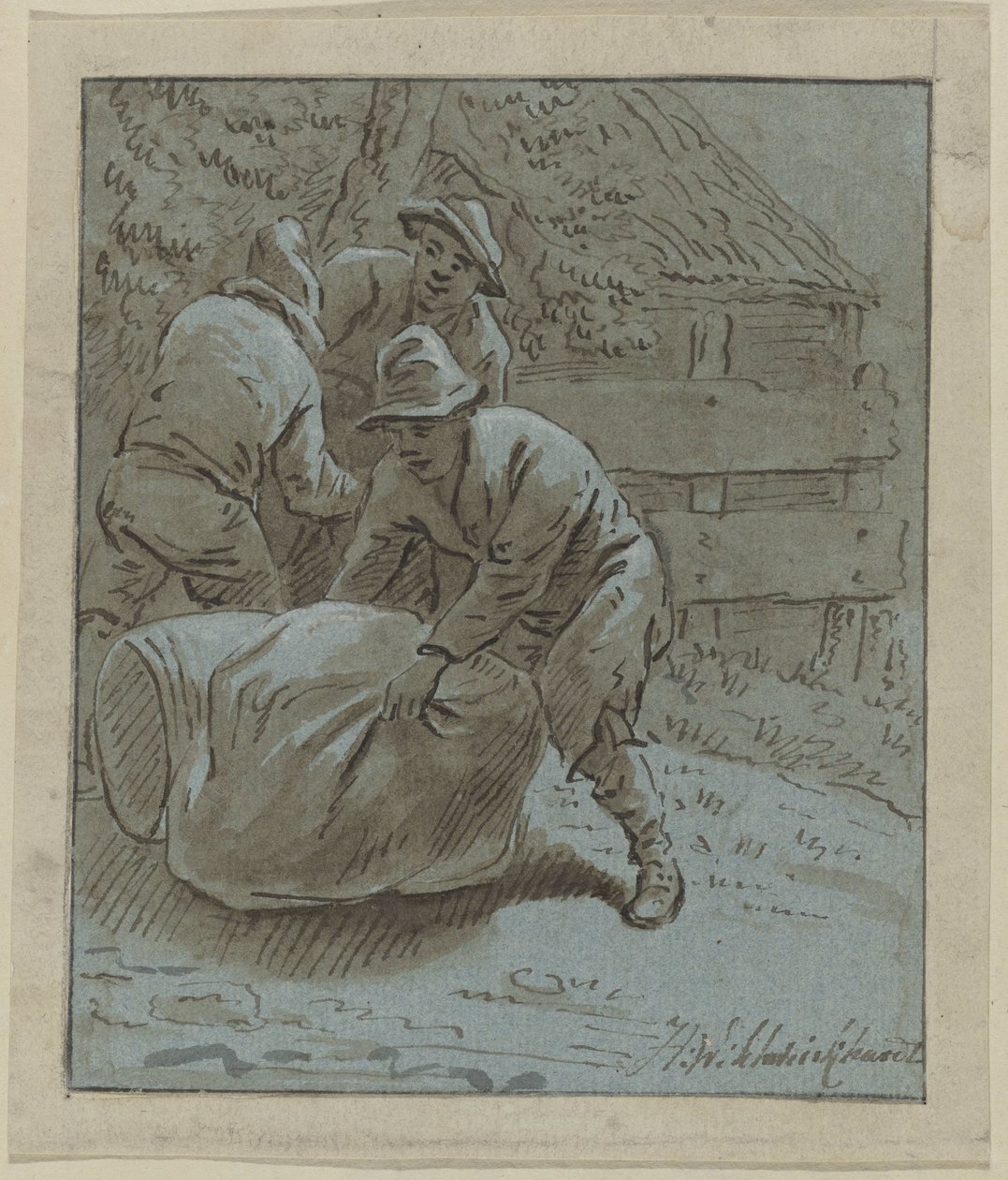 Tre menn i et landskap med en liggende tønne og en bag av Hendrik Willem Schweickhardt (signed by artist)