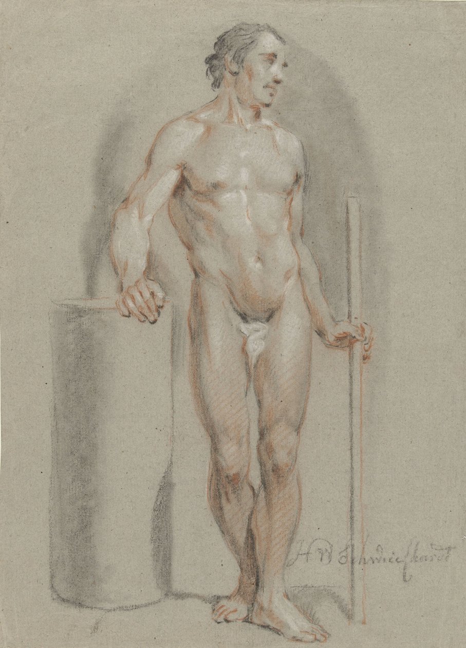 Stående mannlig naken, med en pinne i hånden, lent på en studiosylinder av Hendrik Willem Schweickhardt