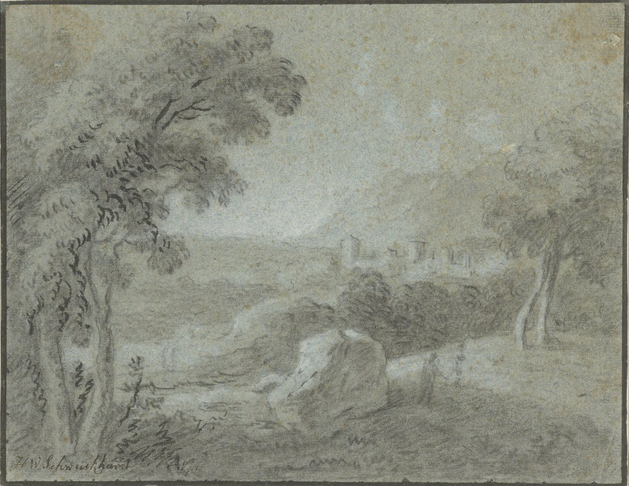 Sørlig kupert landskap med en by foran seg av Hendrik Willem Schweickhardt