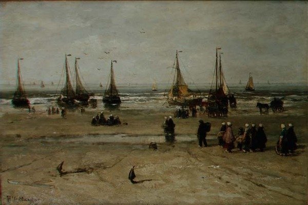 Kystlandskap med fiskefartøy og fiskere av Hendrik William Mesdag