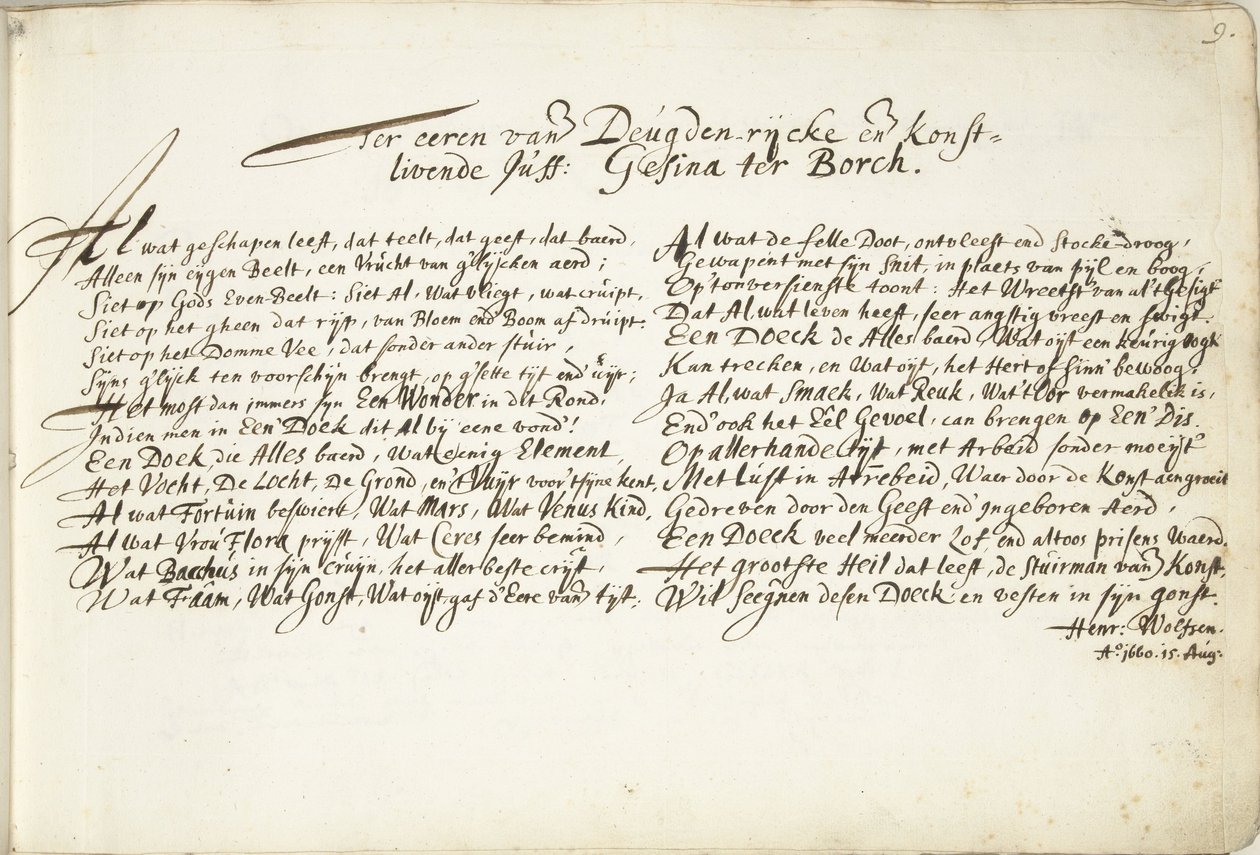Salme til ære for Gesina ter Borch Til ære for den Deugden-rijcke og den Konstlivende Juff: Gesina ter Borch (tittel på objekt) av Hendrik Wolfsen (signed by artist)