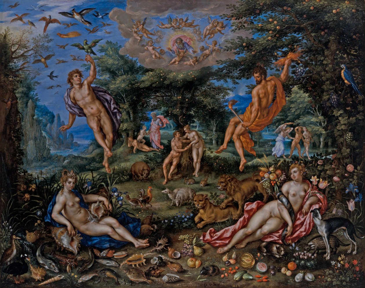 De fire elementene, med scener fra Gensis Beyond av Hendrik de & Alsloot Denis van (c.1573 1625/26) Clerck
