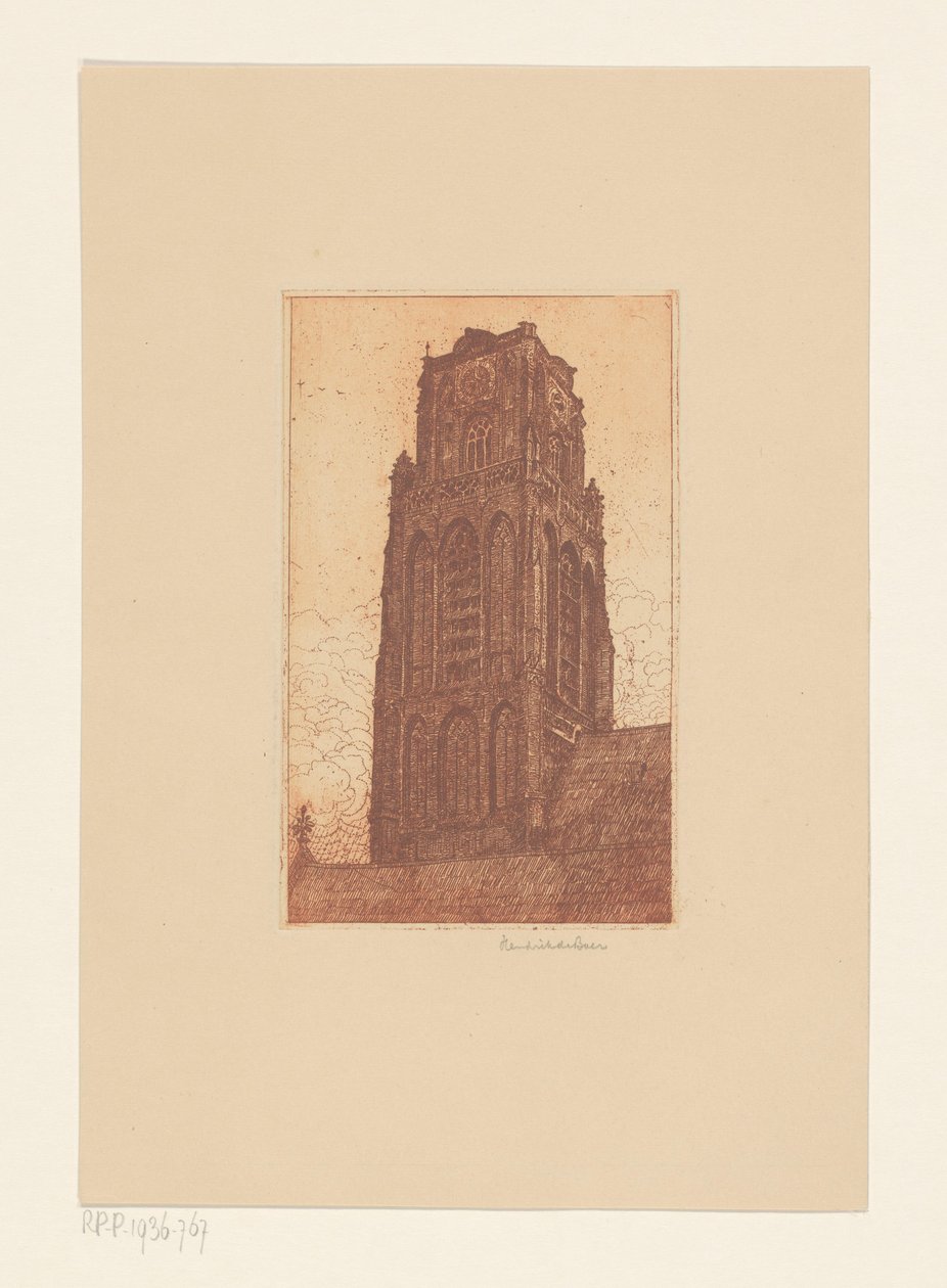Studie av et kirketårn av Hendrik de Boer (signed by artist)