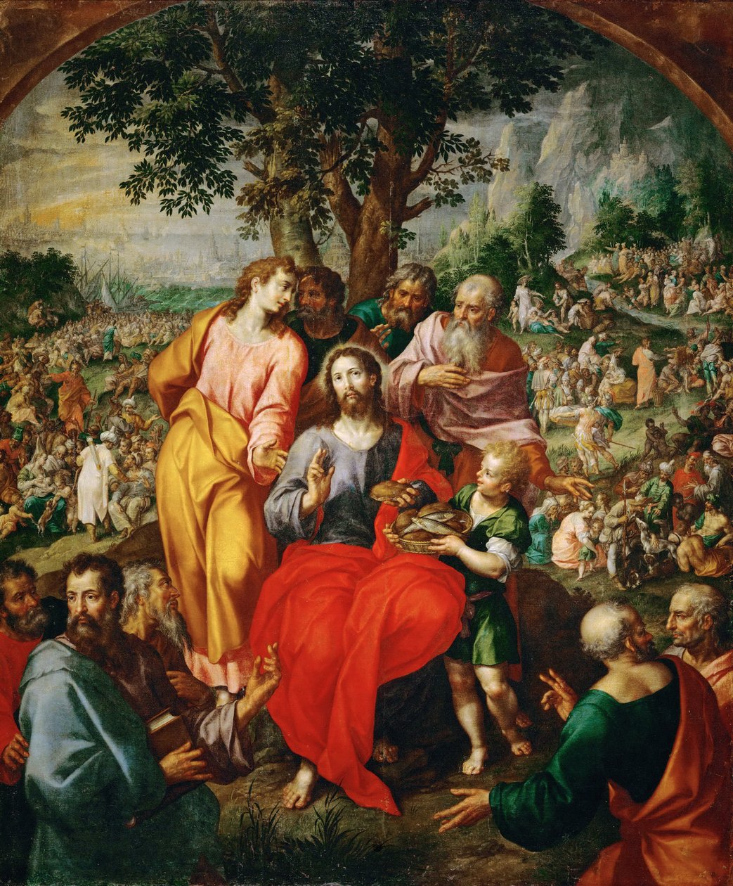 The Miracle of the Five Loaves and Two Fishes (The Multiplication of the Loaves) - The Miracle of the Five Loaves and Two Fishes, av Clerck, Hendrick, de (ca. 1560-1630). Olje på lerret, ca 1590. Størrelse: 203x167 cm. Kunsthistorisk museum, Wien av Hendrik de Clerck