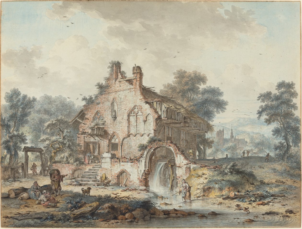 Rustikk vannmølle i en gotisk ruin av Hendrik de Meyer II