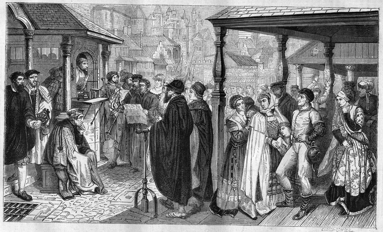 Publiseringen av Karl Vs redigeringer i Antwerpen: i 1550 fastsetter en lov at alle som er overbevist om kjetteri vil bli brulee eller begravet levende, eller halshugget. Gravering fra 1866-1867 basert på maleriet til Baron Henri Leys (1815-1869). av Hendrik or Henri Leys