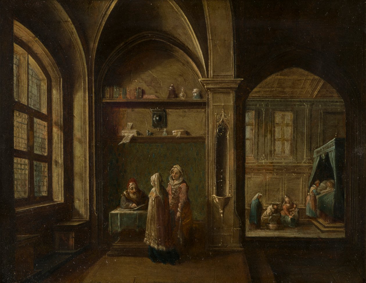 Et renessanseinteriør med figurer: The Birth of St John, ca. 1600-49 (olje på kobber) av Hendrik the Younger Steenwyck