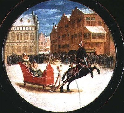 Vinterlandskap med figurer i en hestetrukket slede (olje på kobber) av Hendrik the Younger Steenwyck