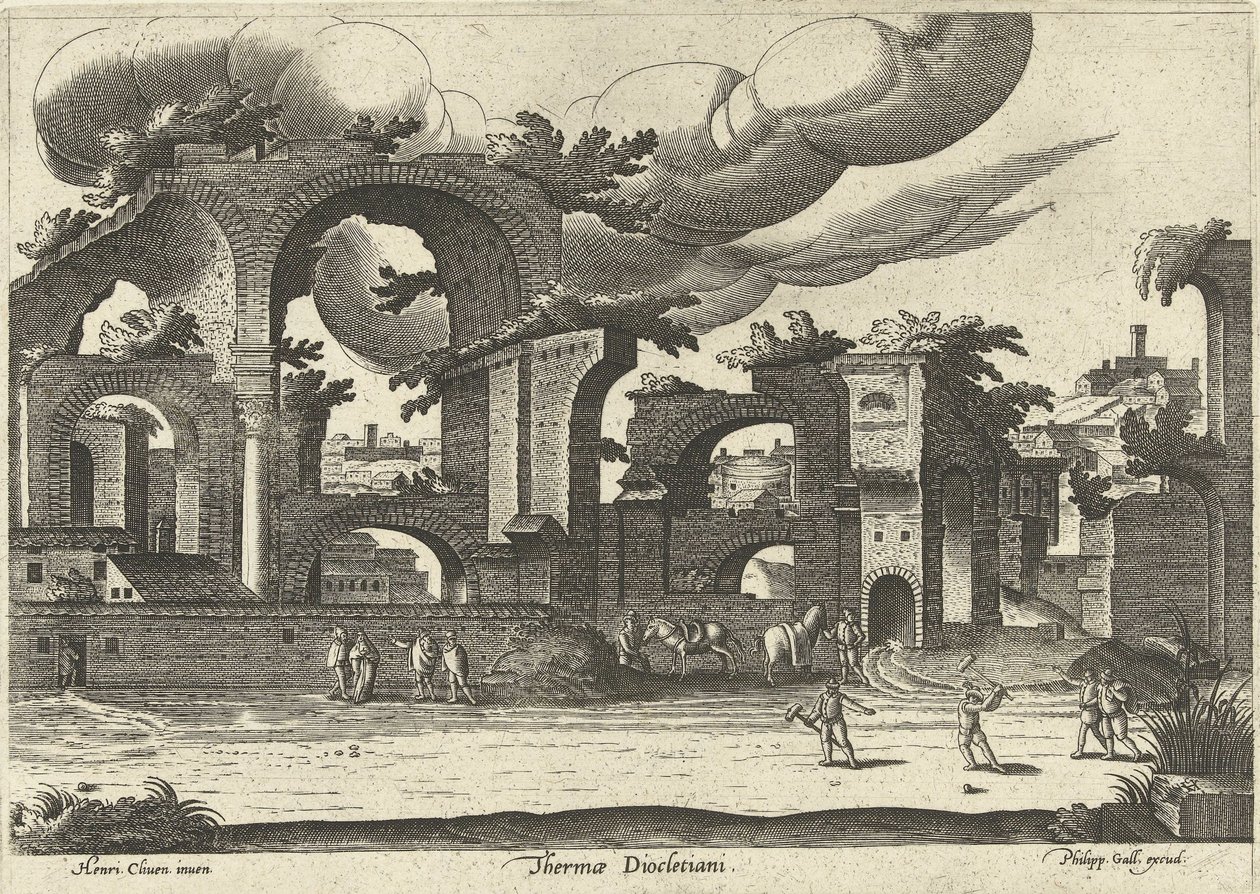 Ruiner av Diocletians bad fra siden med to menn som spiller krokket i forgrunnen, 1585. av Hendrik van Cleve III