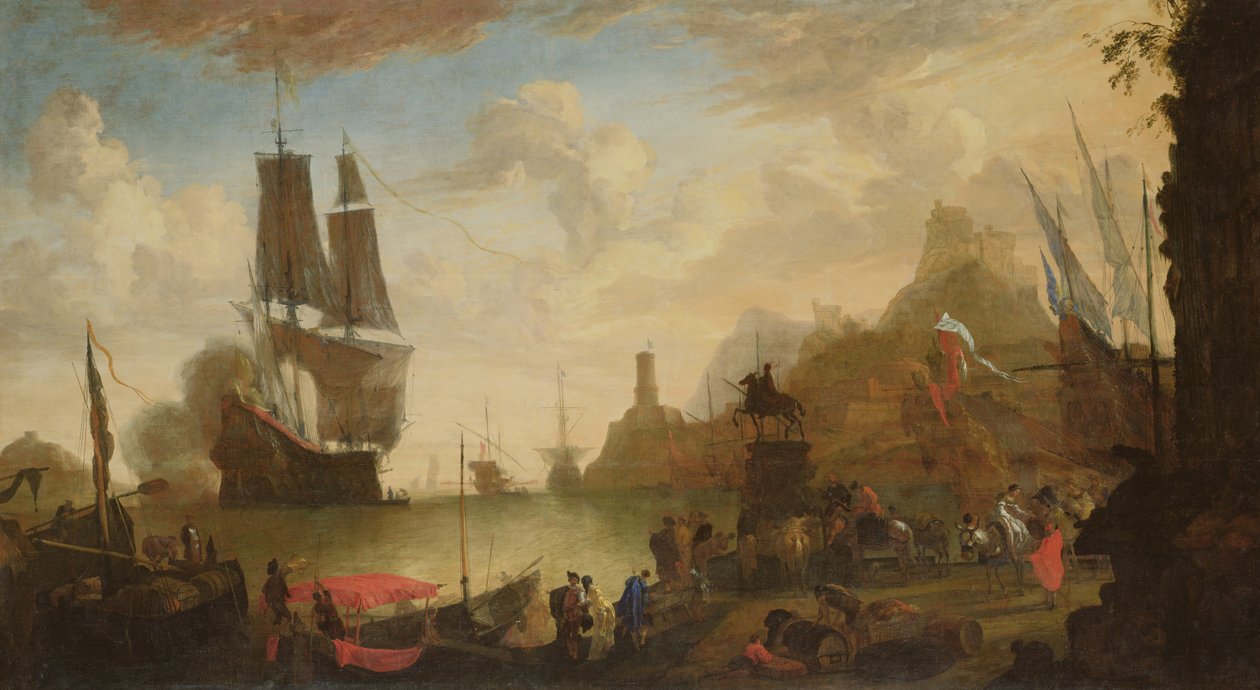 Utsikt over en italiensk havn av Hendrik van Minderhout