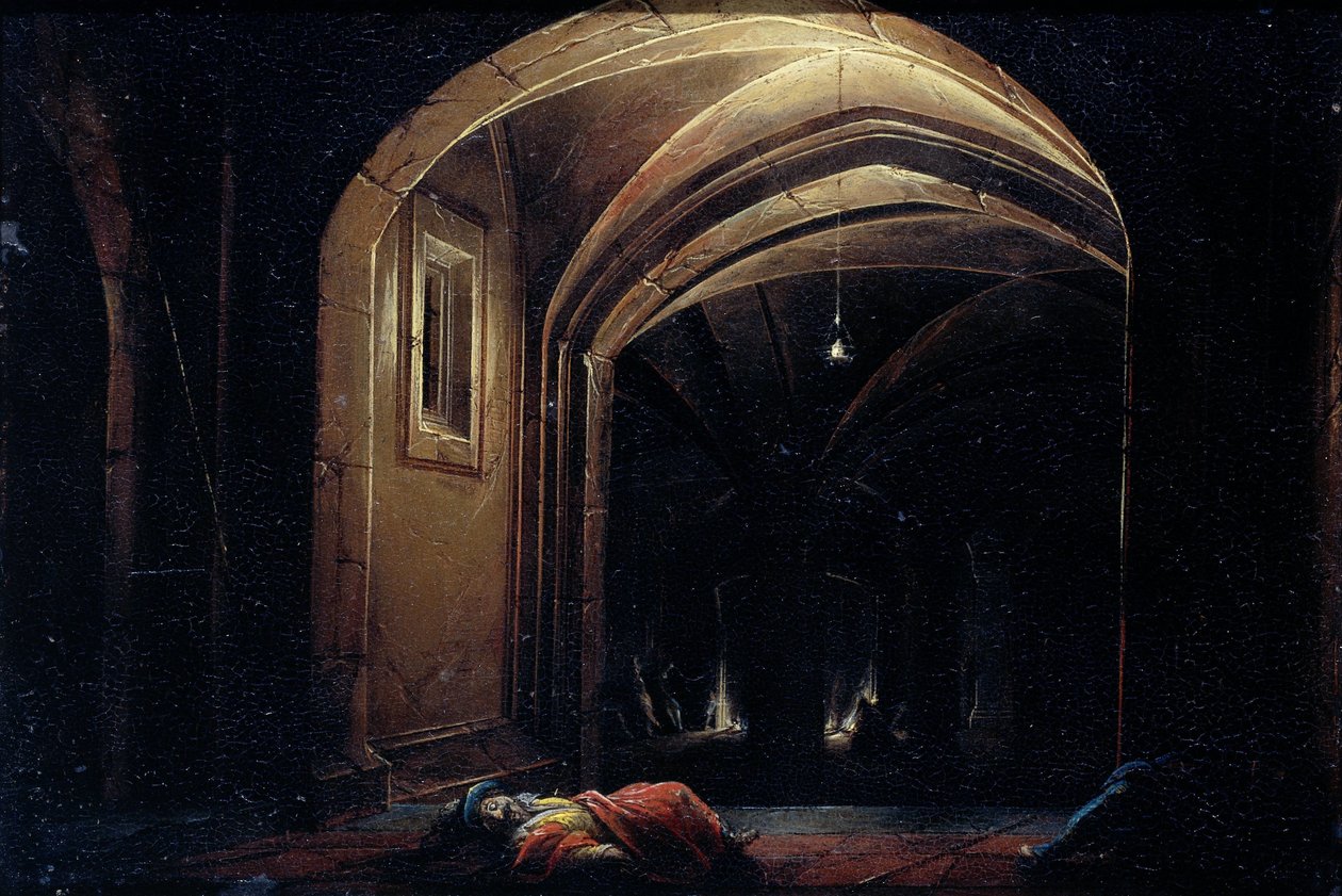 Menn som sover i et rom med opplyste buer av Hendrik van Steenwijck (I) (possibly)