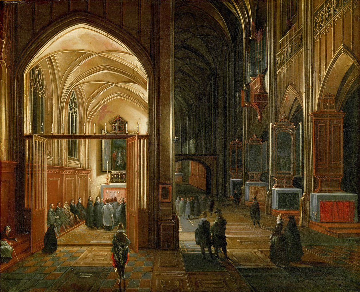 Kveldsgudstjeneste i en gotisk kirke - Hendrick van Steenwyck, den eldste (ca. 1550-1603). Olje på kobber, ca. 1600. Mål: 20,8 x 26,3 cm. Kunsthistorisk museum, Wien av Hendrik van Steenwyck