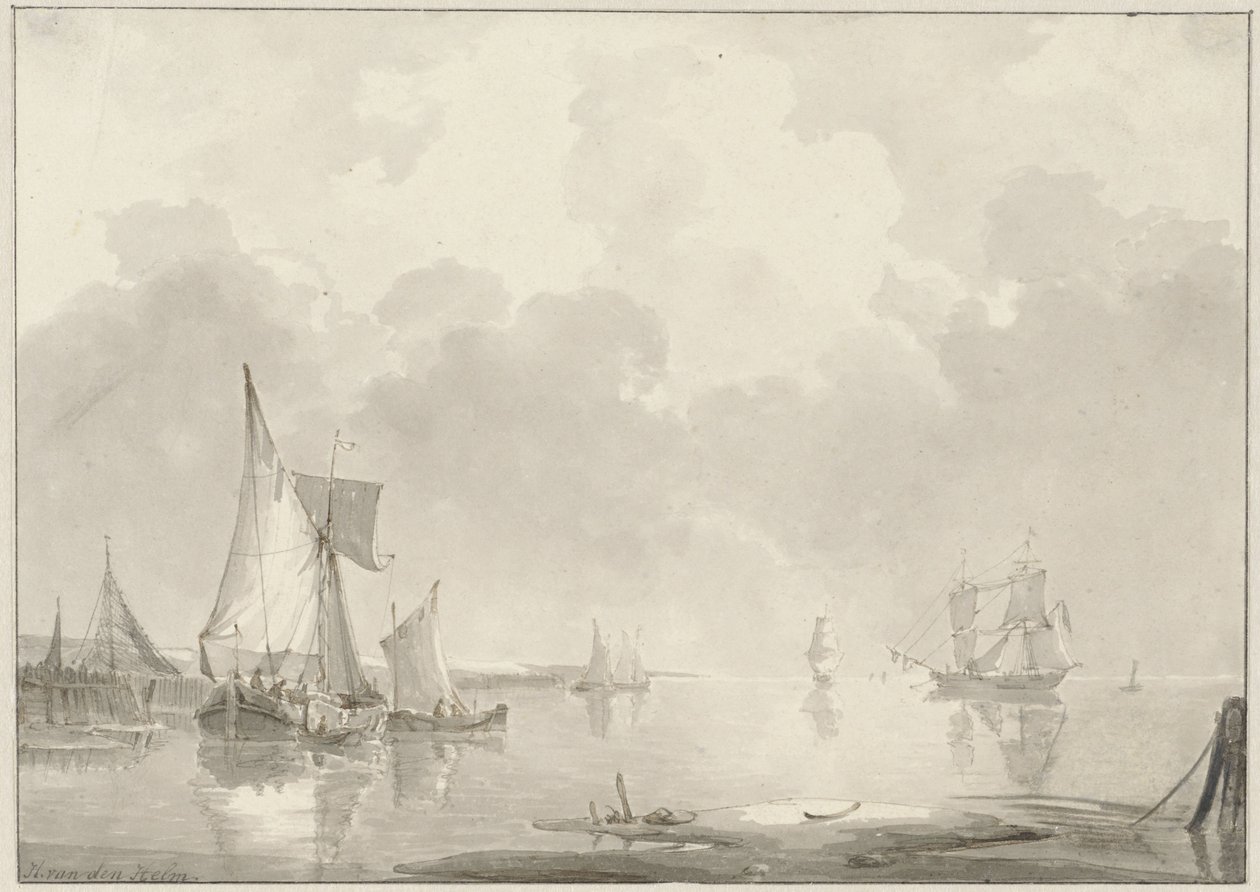 Utsikt over kysten med skip i stille vann av Hendrik van den Helm