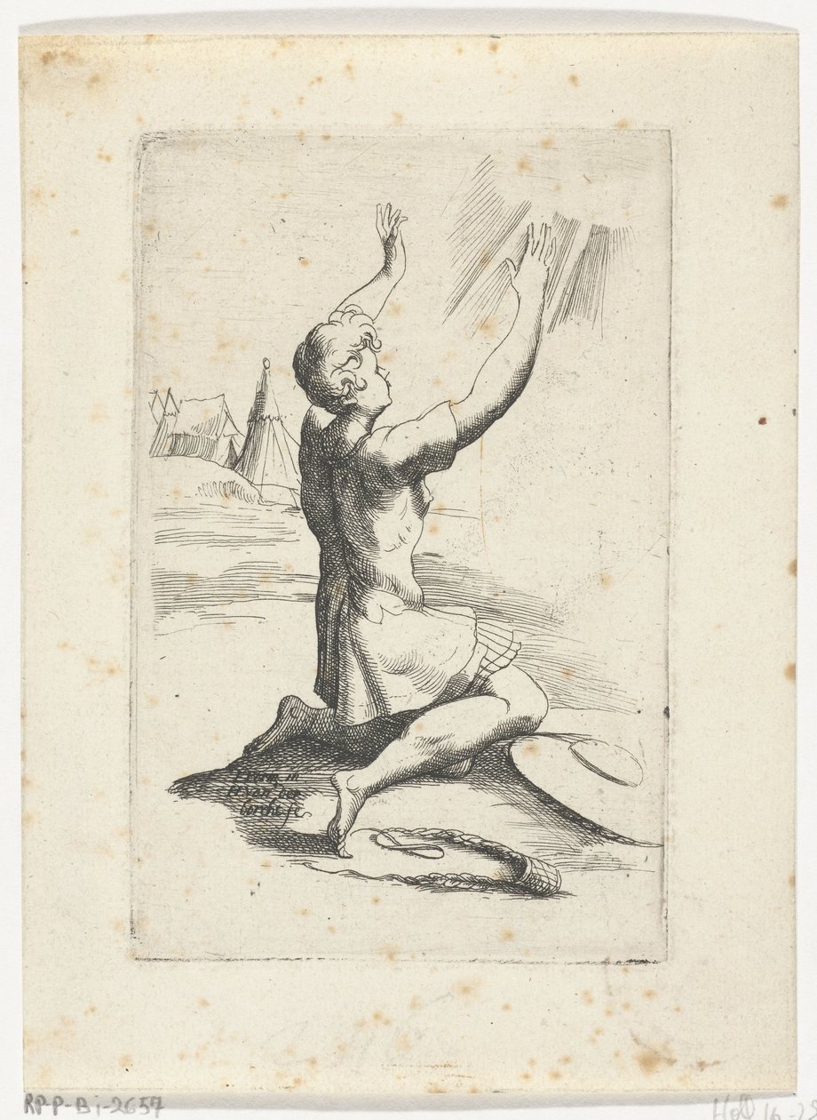 Knielende David Hefte med forskjellige figurer designet av Fran. parmensis et bevart i Arondelyna-samlingen, 1638 (serietittel) av Hendrik van der Borcht (II)