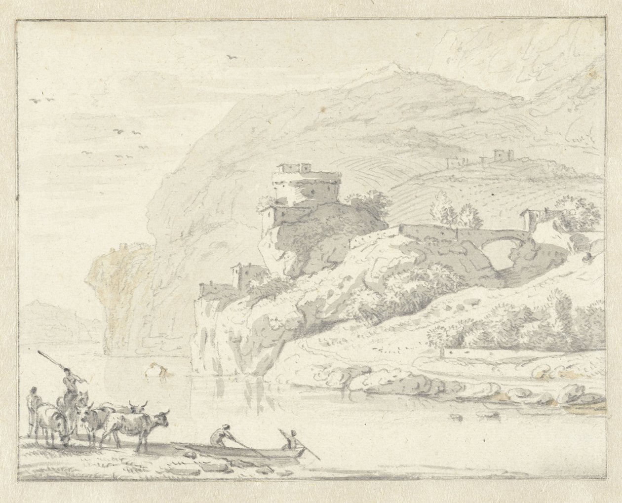 Italiensk fjelllandskap med gjetere og storfe, og to figurer i en båt som krysser elven av Hendrik van der Straaten (attributed to)