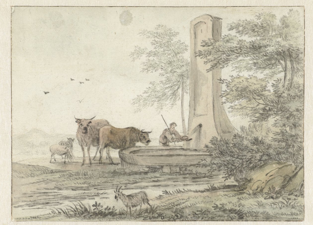 Italiensk landskap med gjeter og hans storfe og sauer ved en fontene av Hendrik van der Straaten