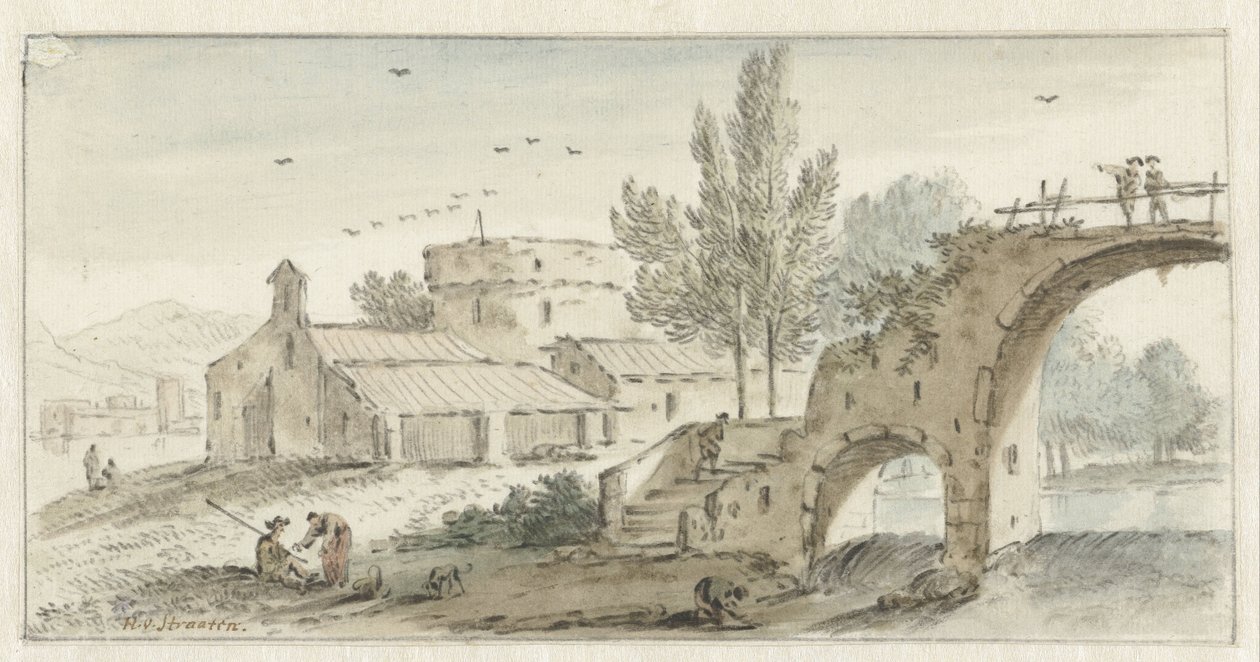 Italiensk landskap med en steinbro av Hendrik van der Straaten