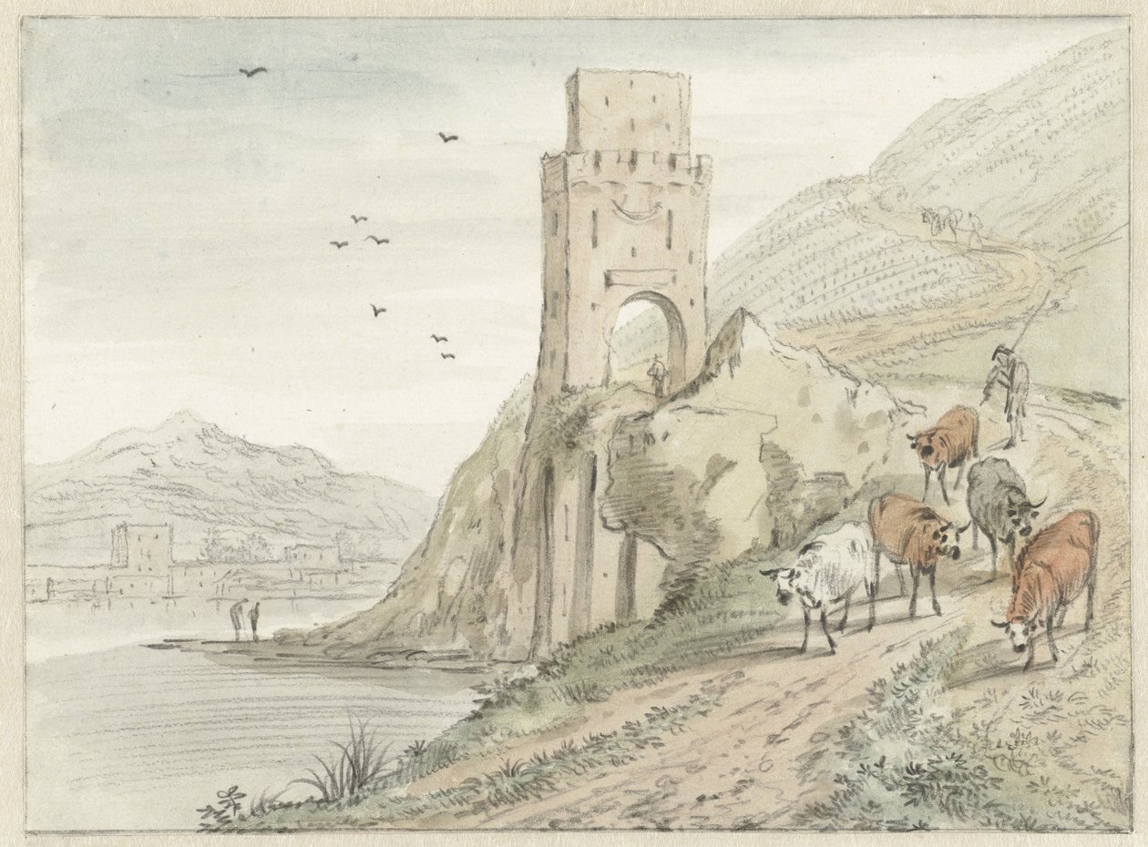 Italiensk elvelandskap med fjell og et porttårn av Hendrik van der Straaten