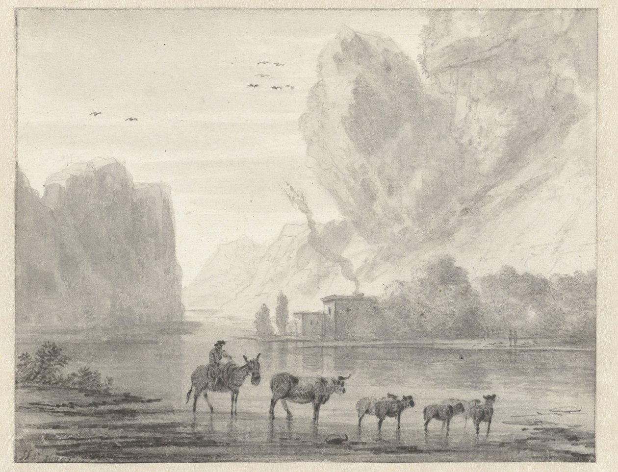 Rocky River-landskap med en gjeter med storfe og sauer av Hendrik van der Straaten