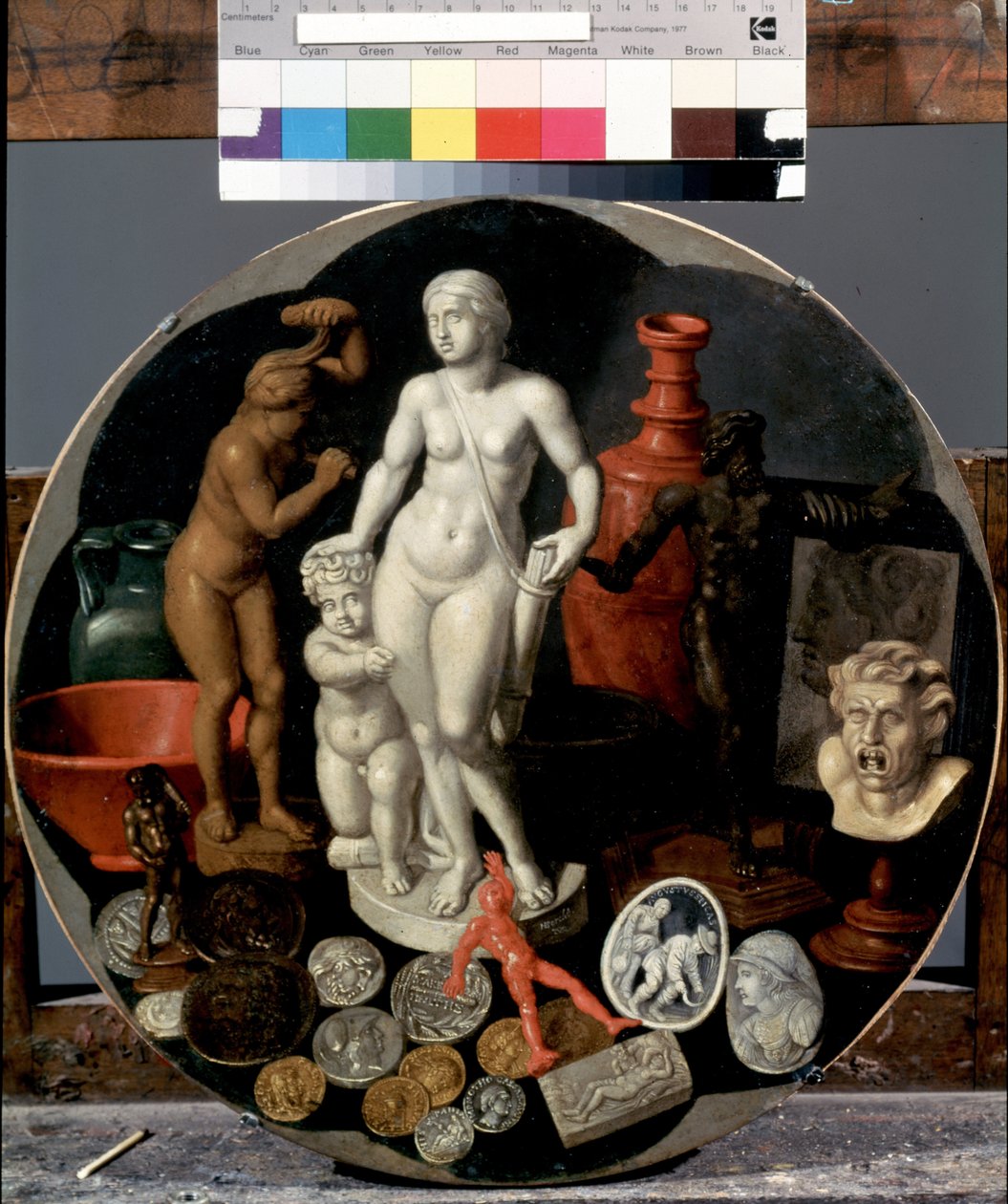 ""Still Life with a Collection of Curiosities"" (Still Life with a Collection of Curiosities) Kunstnerens samling av uvanlige gjenstander inkludert en marmorstatue av Diana, medaljer, små skulpturerte gjenstander. Maleri av Hendrik van der av Hendrik van der the younger Borcht