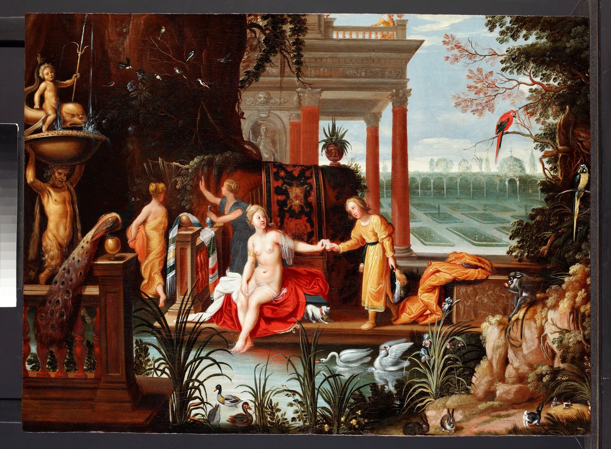 Bathsheba ved bassenget med hennes ledsagere, ca. 1600-42 (olje på panel) av Hendrik van the Elder (circle of) Balen