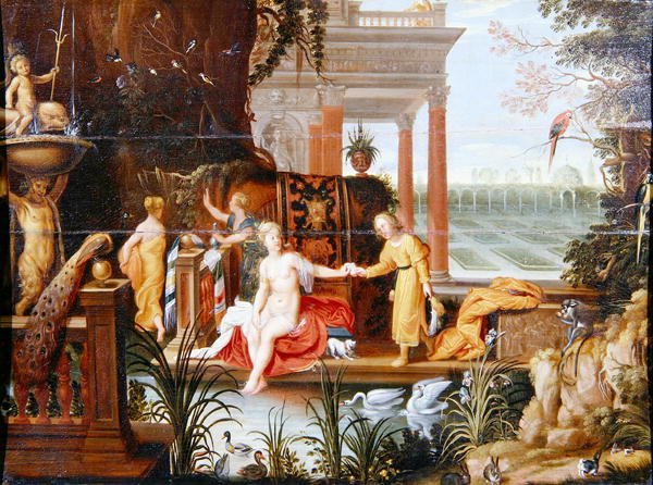 Bathsheba ved bassenget med hennes ledsagere (olje på panel) av Hendrik van the Elder Balen