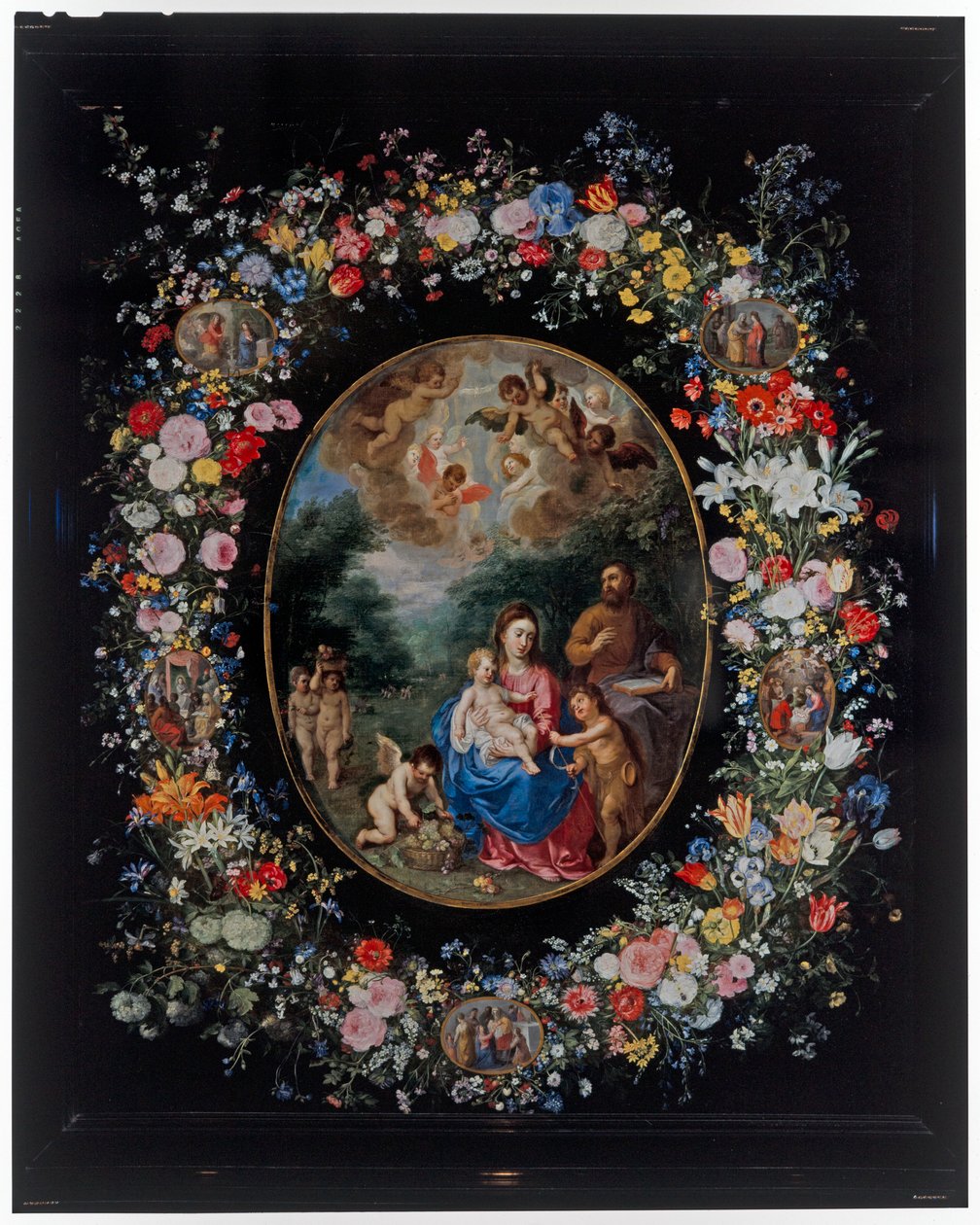 Den hellige familie og spedbarnet Saint John Døperen og engler i et landskap av Hendrik van the Elder Balen