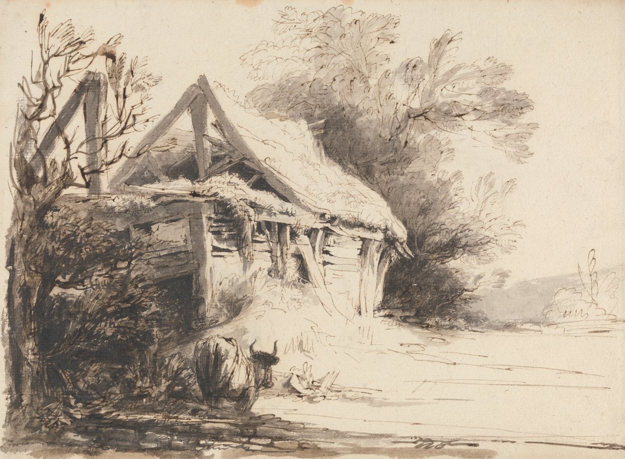 En gammel låve, trær og ku av Heneage Finch fourth Earl of Aylesford