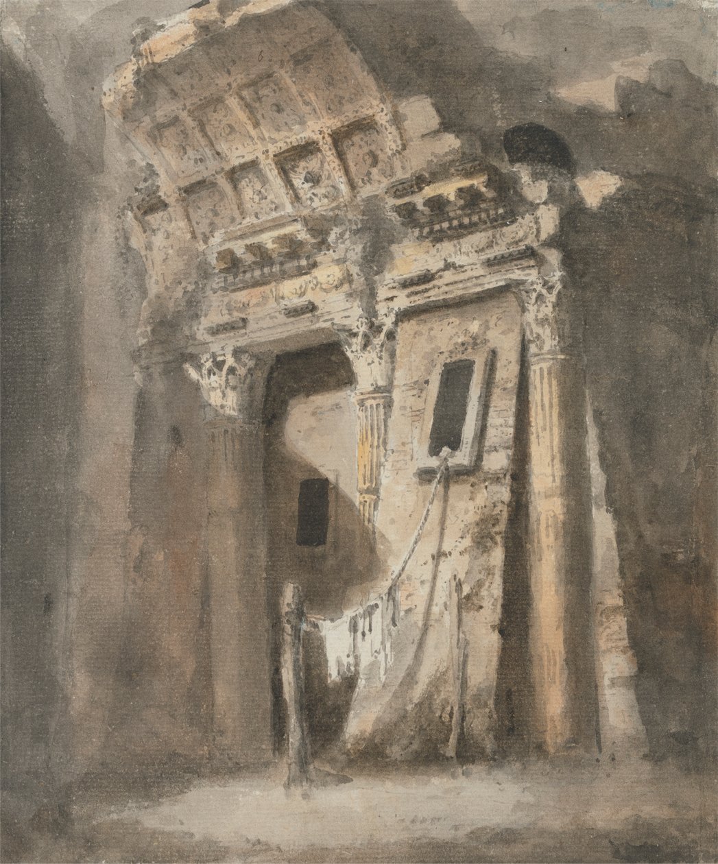 Ødelagt buegang med vaskelinje, muligens i Roma av Heneage Finch fourth Earl of Aylesford