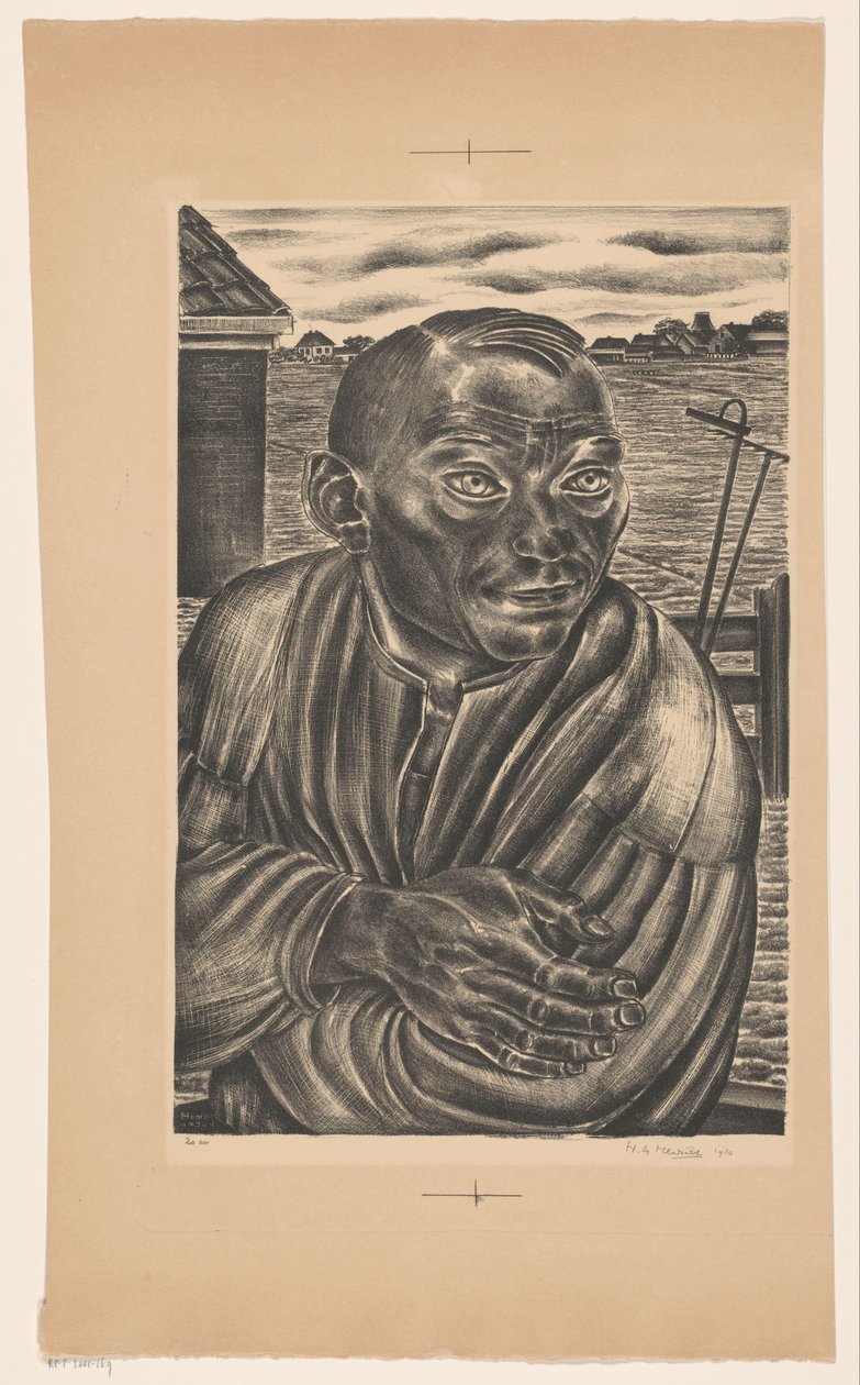 Bonde ved gjerde og låve av Henk Henriët (signed by artist)