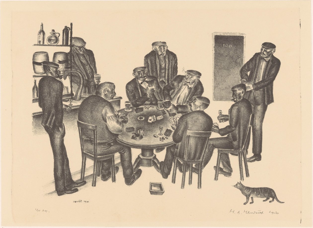 Menn spiller kort i en bar av Henk Henriët (signed by artist)
