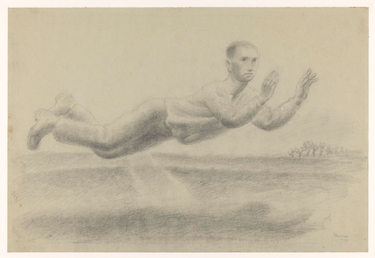 Selvportrett med løftede hender svevende i et landskap av Henk Henriët (signed by artist)