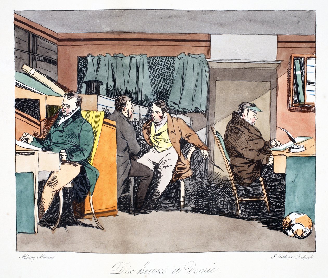 Halv elleve, illustrasjon fra 'Moeurs Administratives, Dessinées Ifølge Nature' av Henri Monnier, litografiert av Delpech, pub. Paris, ca. 1828 (håndfarget litho) av Henri Bonaventure Monnier