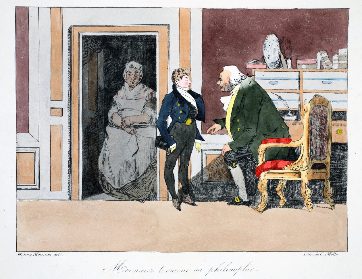 Illustrasjon, ca. 1828 (håndfarget litho) av Henri Bonaventure Monnier
