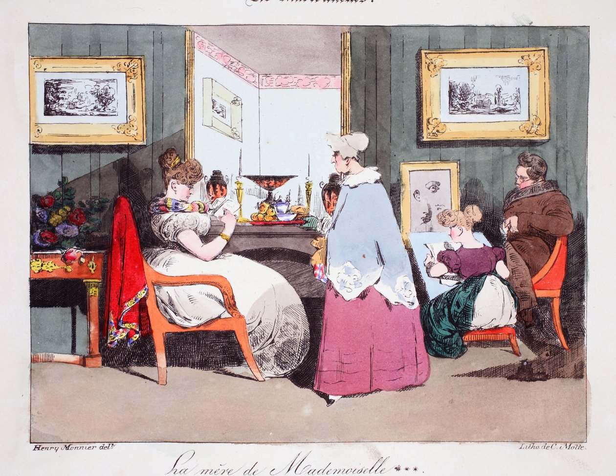 Mademoiselles mor, illustrasjon fra 'Les Marionnettes' av Henri Monnier, litografiert av Delpech, pub. Paris, ca. 1828 (håndfarget litho) av Henri Bonaventure Monnier