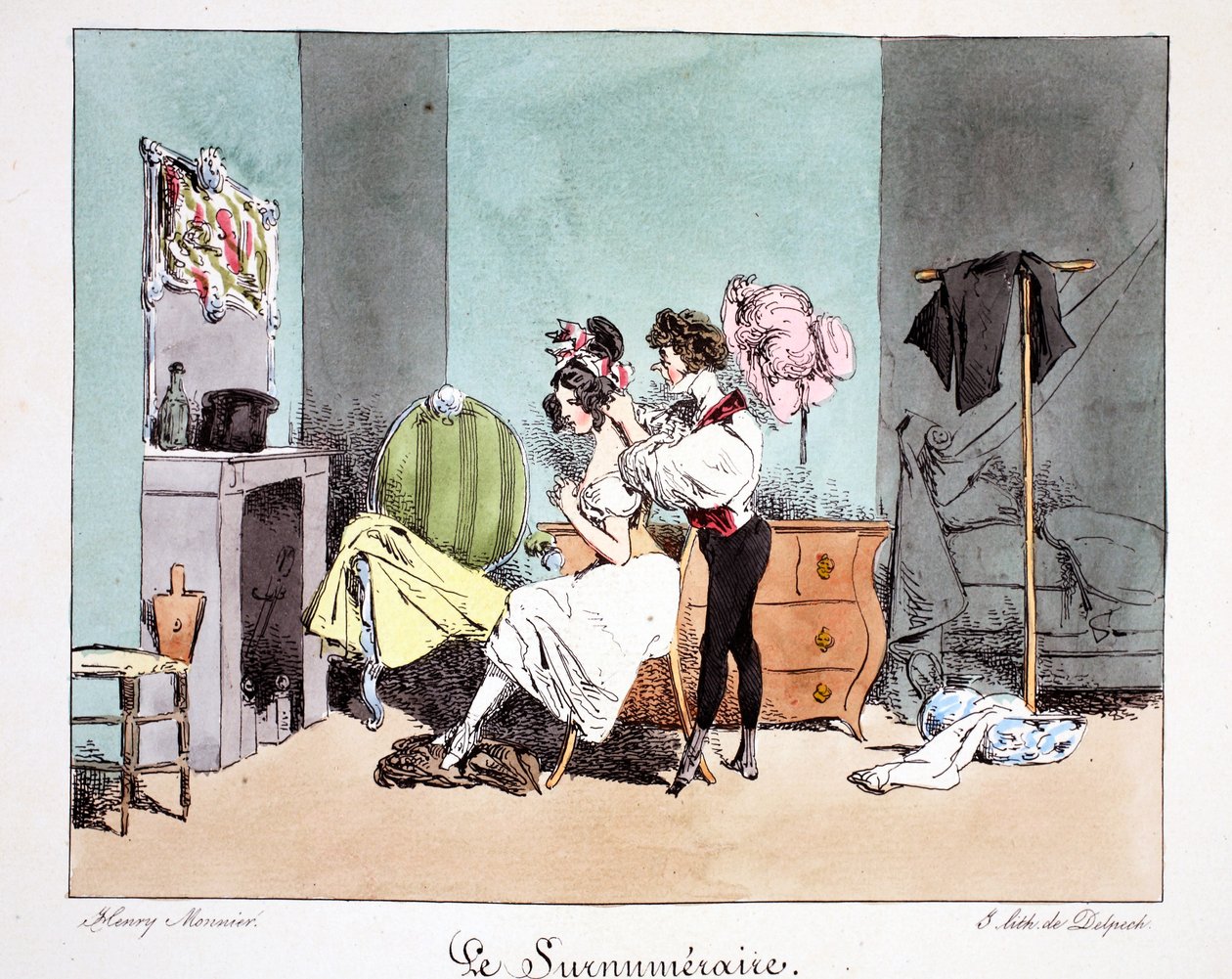 Le Surnumeraire, ca. 1828 (håndfarget litho) av Henri Bonaventure Monnier